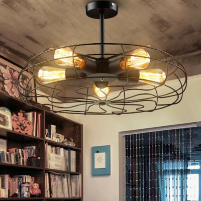 5 Bulbs Iron Pendant Chandelier Industrial Black Round Cage Bistro Ceiling Hang Light
