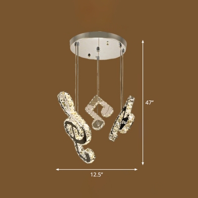Artistic Musical Note Multi-Pendant Light Clear Crystal 3-Bulb Dining Room LED Hanging Lamp
