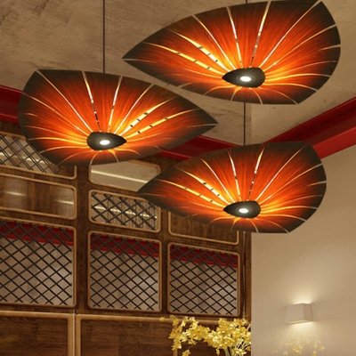 Asian Leaf Shape Hanging Chandelier Wood Veneer Restaurant Suspension Pendant Light