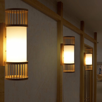 Bamboo Cylinder Wall Lamp Nordic Style 1 Bulb Wood Wall Light Fixture for Corridor