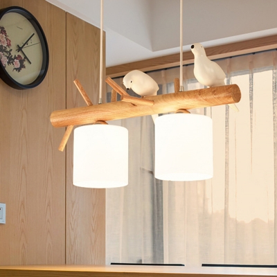 Barrel Dining Room Island Light White Glass Nordic Hanging Pendant with Decorative Bird and Tree Branch in Wood