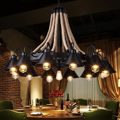 Black Ceiling Hang Lamp Industrial Wrought Iron Conical Chandelier with Rope Decoration