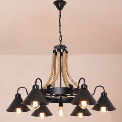 Black Ceiling Hang Lamp Industrial Wrought Iron Conical Chandelier with Rope Decoration