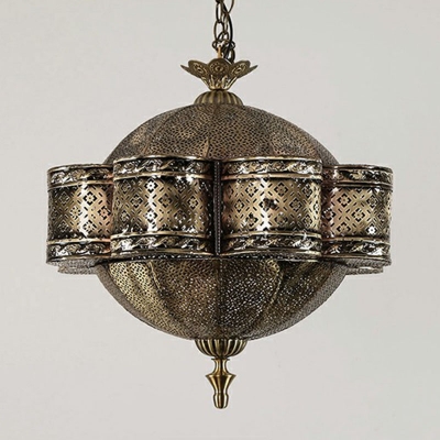 Bronze 6 Light Ceiling Hanging Lantern Moroccan Metal Hollow-out Floral Pendant Lighting Fixture