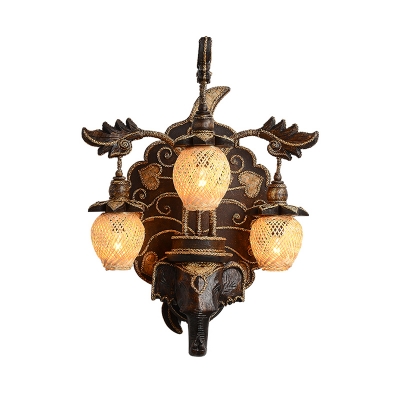 Brown Sconce Lighting South-East Asia Wooden Elephant Wall Lamp with Oval Rattan Shade