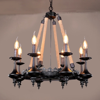 Candlestick Dining Room Ceiling Pendant Vintage Iron Black Chandelier with Rope Accent
