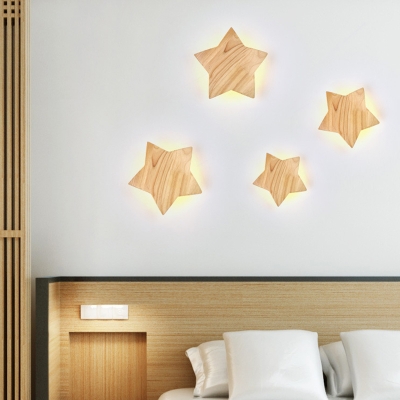 Childrens Star LED Wall Light Kit Wooden Bedroom Flush Mount Wall Sconce in Beige
