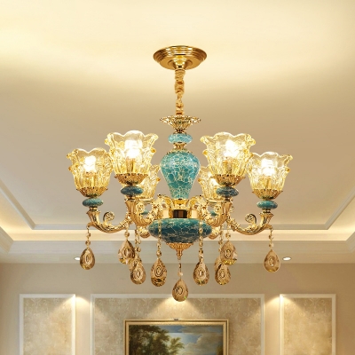 Classic Scalloped Hanging Light Fixture Carved Glass Chandelier Lighting with Ceramic Deco in Gold