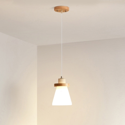Conical White Glass Down Mini Pendant Nordic 1 Head Ceiling Hang Lamp with Wood Socket