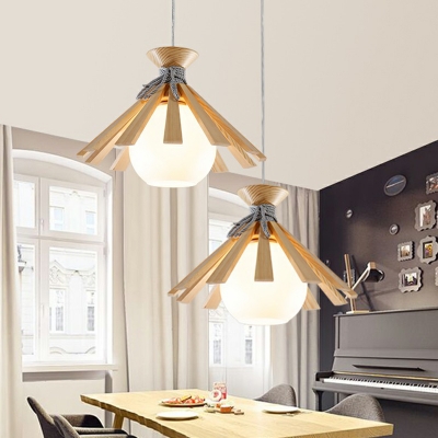 Cream Glass Ball Suspension Light Nordic 1-Head Ceiling Pendant with Slatted Wood Top