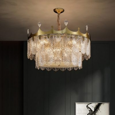 Crown Shaped Chandelier Lamp Postmodern Carved Crystal Living Room Pendant Lighting in Gold