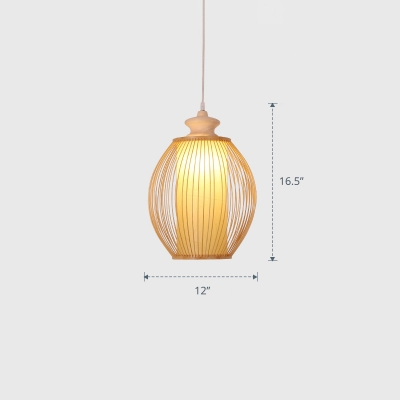 Handmade Tea Room Pendant Light Bamboo Single-Bulb Contemporary Suspension Light with Cylinder Diffuser