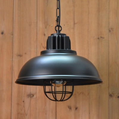 Industrial Bowl Shaped Pendant Light Single Metal Ceiling Lamp with Cage for Dining Room
