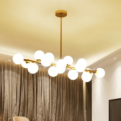Ivory Glass Ball Hanging Light Minimalism 16-Head Gold Finish Island Ceiling Light for Living Room