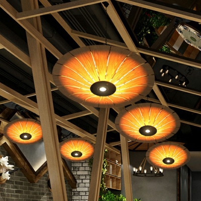Lotus Leaf Shaped Chandelier South-East Asia Wood Veneer 3-Light Restaurant Pendant Light