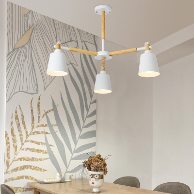 Macaron Bucket Shaped Hanging Light Fixture Metal Living Room Chandelier with Wooden Decor