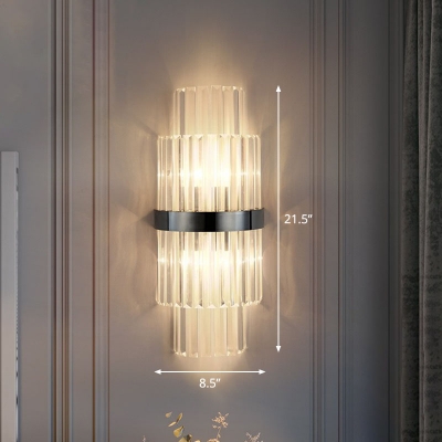 Minimalist Curve Wall Light Fluted Glass 2-Light Living Room Flush Wall Sconce in Black