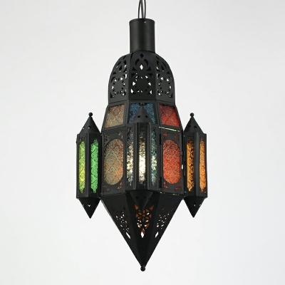 Moroccan Lantern Pendant Light Fixture 1-Light Handcrafted Art Glass Hanging Light in Black