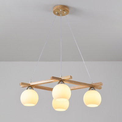Opaque Glass Dome Pendant Light Kit Nordic 4 Heads Chandelier with Wooden Frame Top