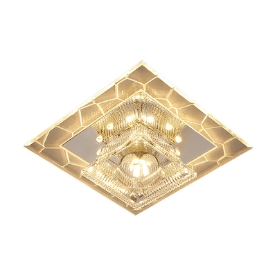 Passageway LED Flush Light Modern Stainless Steel Ceiling Fixture with Square Clear Crystal Shade