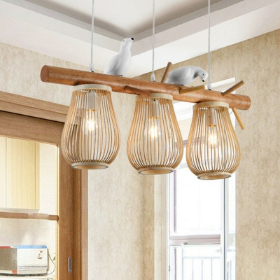 Pear-Shaped Cage Island Light Asian Wooden Dining Room Suspension Pendant with Bird Decor