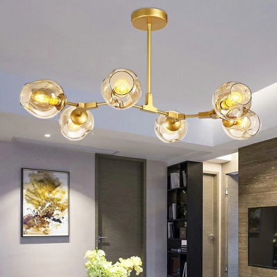 Postmodern 7-Light Chandelier Brass Molecular Pendant Light with Dimpled Cup Glass Shade