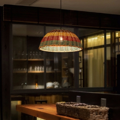 Shaded Suspension Lighting Japanese Style Rattan 1 Head Wood Pendant Ceiling Light