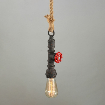 Single Water Pipe Pendant Light Industrial Black Metal Pendulum Light with Valve and Hanging Hemp Rope