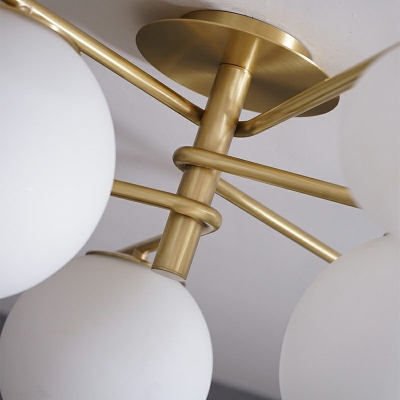 Sphere Living Room Flush Mount Light Cream Glass Nordic Style Semi Flush Ceiling Light in Gold