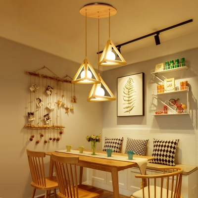 Triangular Cage Hanging Lamp Modern Wooden 3-Head Dining Room Cluster Pendant Light