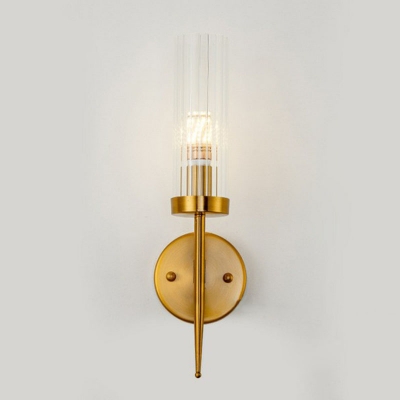 Tubular Fluted Glass Sconce Light Postmodern Gold Finish Wall Mount Lighting with Pencil Arm