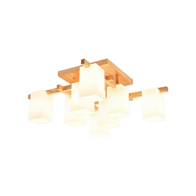 White Glass Cuboid Semi Flush Light Fixture Nordic Wood Close to Ceiling Lamp for Bedroom