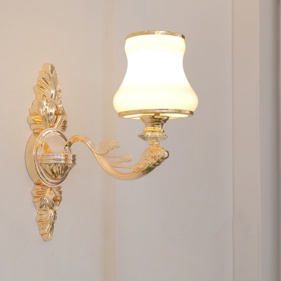 White Glass Curve Shape Sconce Lighting Traditional Bedside Walll Lamp with Carved Arm