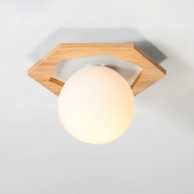 White Glass Geometry Mini Ceiling Lighting Simplicity 1-Light Wood Flush Mount Light for Foyer