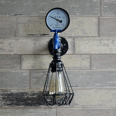Wire Cage Iron Sconce Light Industrial 1-Bulb Corridor Wall Mounted Lamp with Decorative Faucet and Gauge in Black