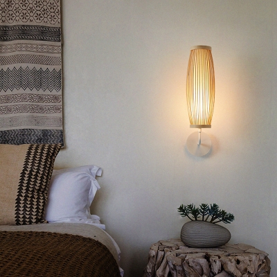 Wood Elongated Oval Wall Lighting Minimalist Bamboo Wall Light Fixture for Bedroom
