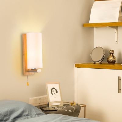 1-Light Bedside Pull Chain Sconce Light Simple Wood Wall Light with Cylinder White Glass Shade