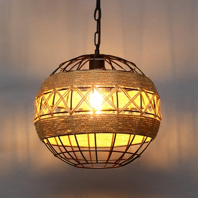 1-Light Geometrical Hanging Lamp Cottage Black Roped Suspension Pendant for Restaurant