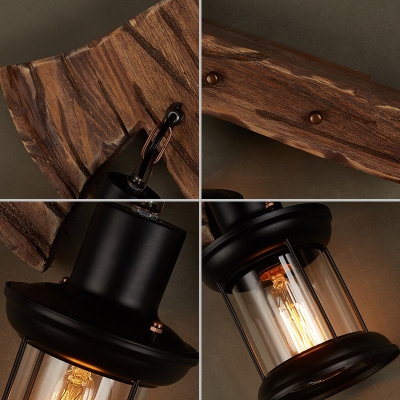 1-Light Lantern Wall Lamp Fixture Rustic Wood Clear Glass Sconce with Axe Shaped Backplate