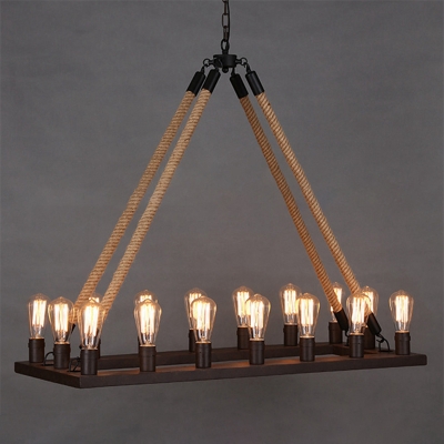16 Bulbs Ceiling Chandelier Industrial Rectangle Metal Pendant Light with Rope Cord in Black