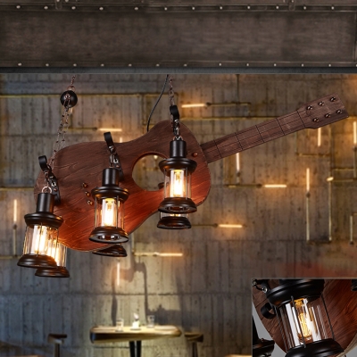 6-Bulb Island Pendant Light Antique Kerosene Lantern Iron Ceiling Light with Distressed Wood Guitar