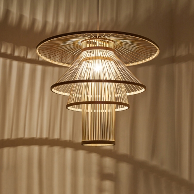 Bamboo Tiered Suspension Lighting Japanese 1 Head Wood Pendant Ceiling Light for Restaurant