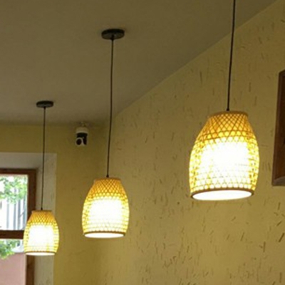Beige Cloche Shaped Pendant Lamp Asian 1 Bulb Bamboo Suspension Light Fixture for Restaurant