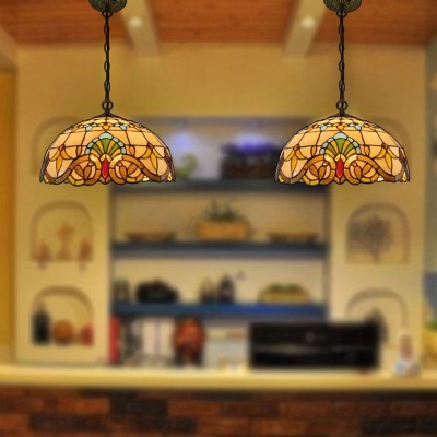 Beige Dome Suspension Light Tiffany Style 2 Bulbs Stained Glass Chandelier Light for Dining Room