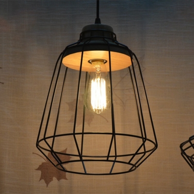 Black Wire Cage Hanging Lamp Industrial Metal 1 Bulb Restaurant Pendant Light with Wood Socket