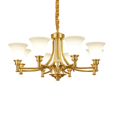 Brass Finish Hanging Light Fixture Traditional Frost Glass Flared Shape Chandelier Lamp