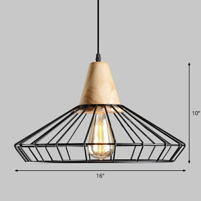 Cage Kitchen Ceiling Pendant Light Industrial Iron 1 Bulb Black Hanging Lighting with Wood Socket