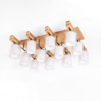 Clear and White Glass Cylinder Semi Flush Light Modern Wood Ceiling Fixture for Living Room