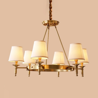Colonial Style Cone Chandelier Fabric Hanging Pendant Light in Brass for Living Room