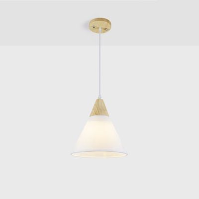 Conic Pendulum Light Minimalist Fabric 1-Light White Pendant Lighting Fixture with Wood Top